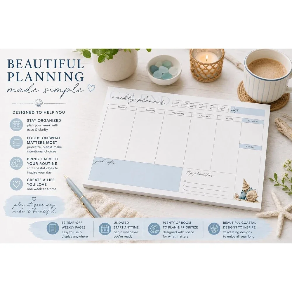 Undated Coastal Weekly Planner, 52 Week Tear-Off Desk Organizer (8.5